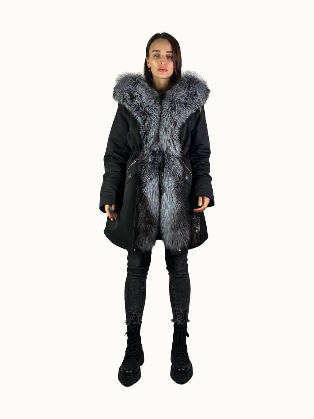 Parka Baltic XM noire à fourrure de renard argenté, 90 cm