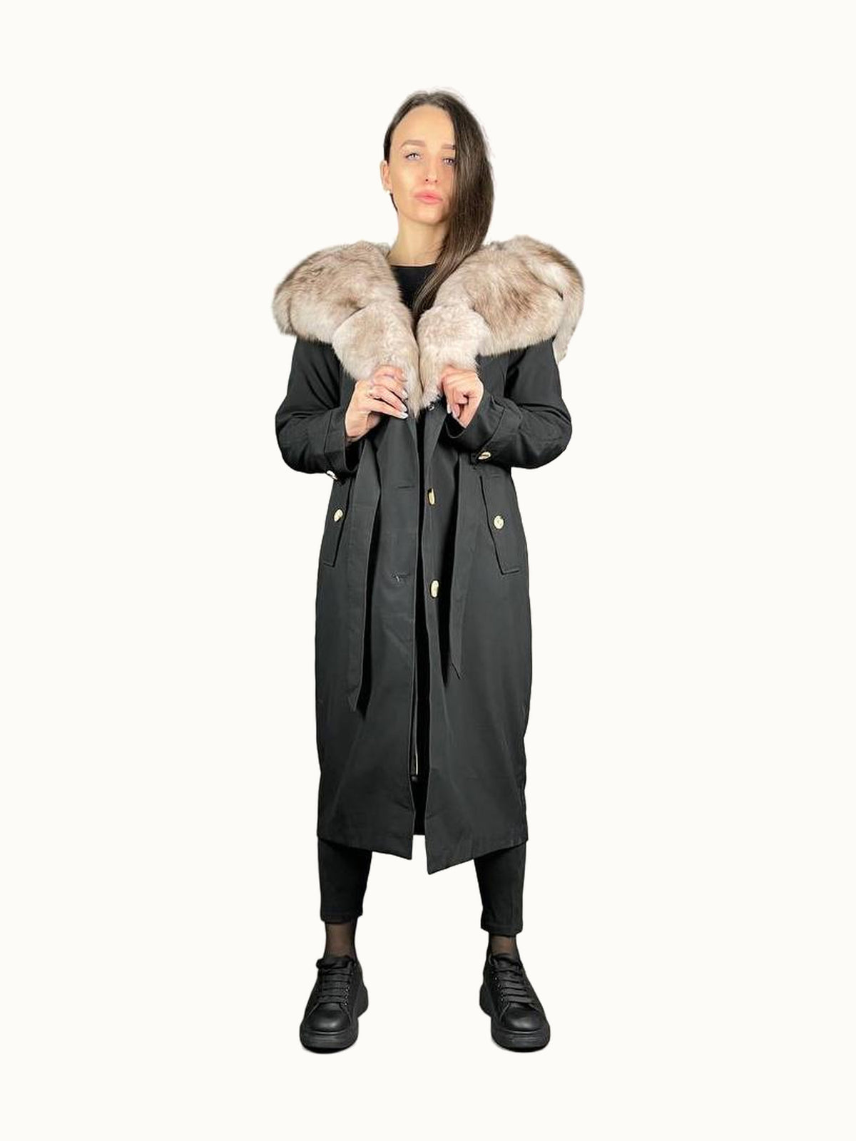 Parka-Trenchcoat Baltic in Schwarz mit beigem Fell, 110 cm