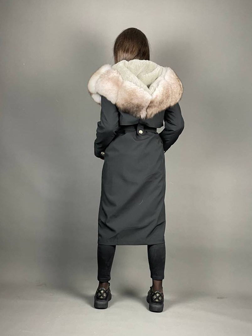Parka-trench Baltic noire à fourrure beige, 110 cm