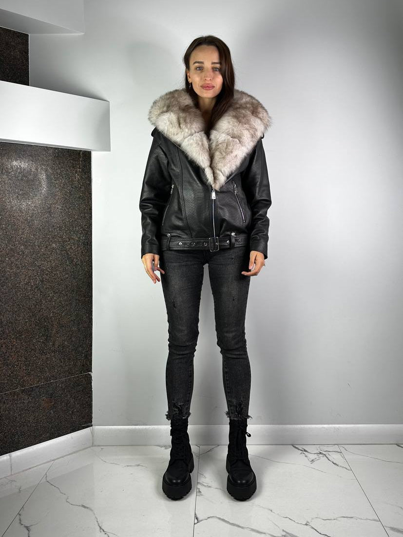 Chaqueta de cuero Baltic negra con piel beige