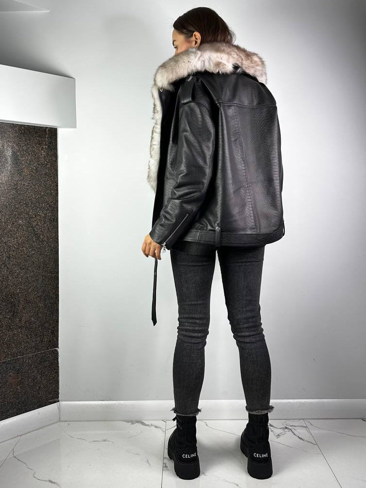 Chaqueta de cuero Baltic negra con piel beige