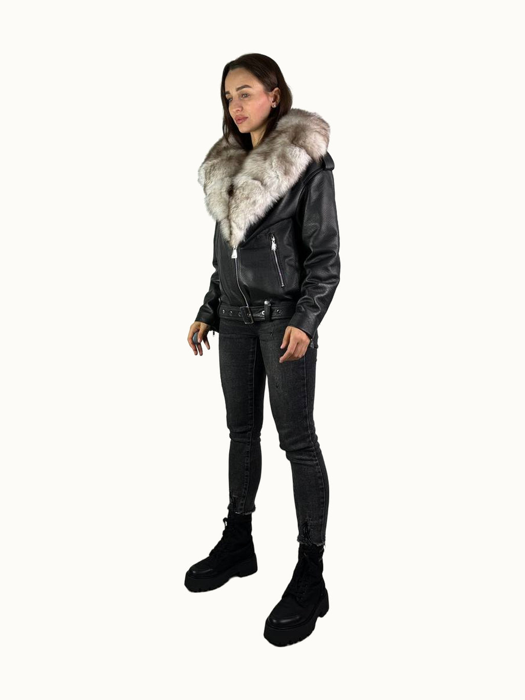 Chaqueta de cuero Baltic negra con piel beige