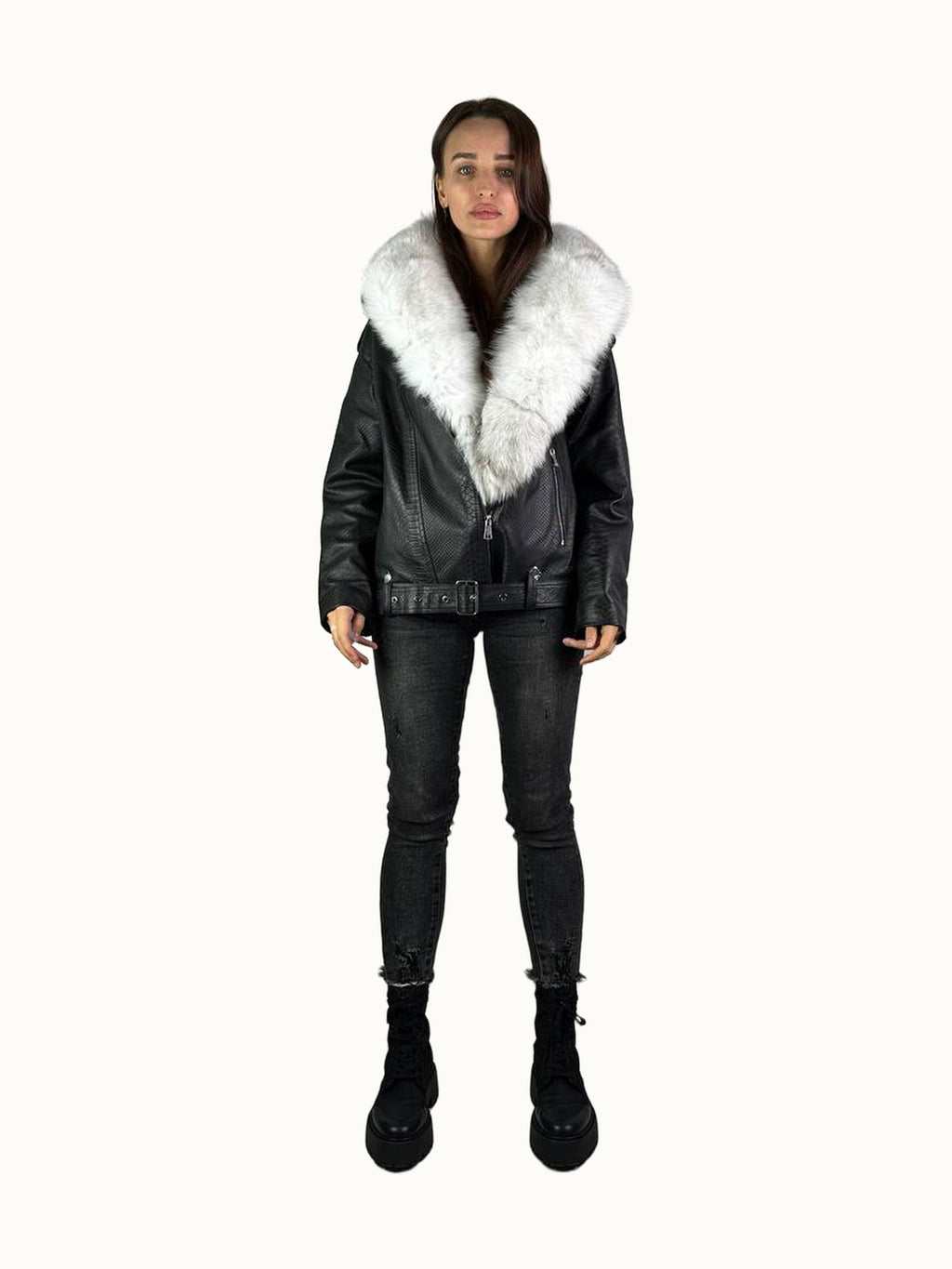 Leather Jacket Baltic Black / White Fur