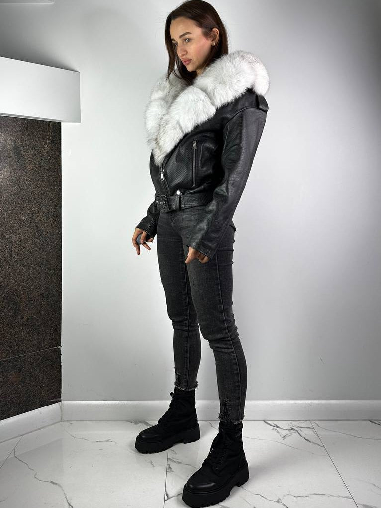 Leather Jacket Baltic Black / White Fur