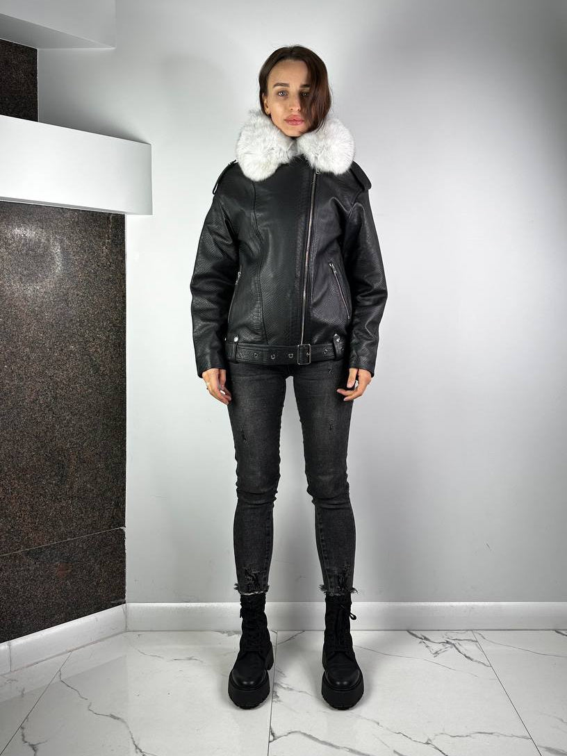 Leather Jacket Baltic Black / White Fur