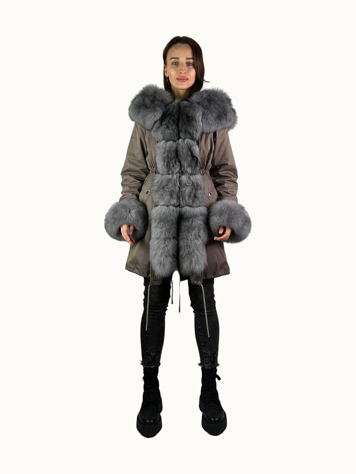 Parka Baltic Classic cappuccino à fourrure grise, 95 cm