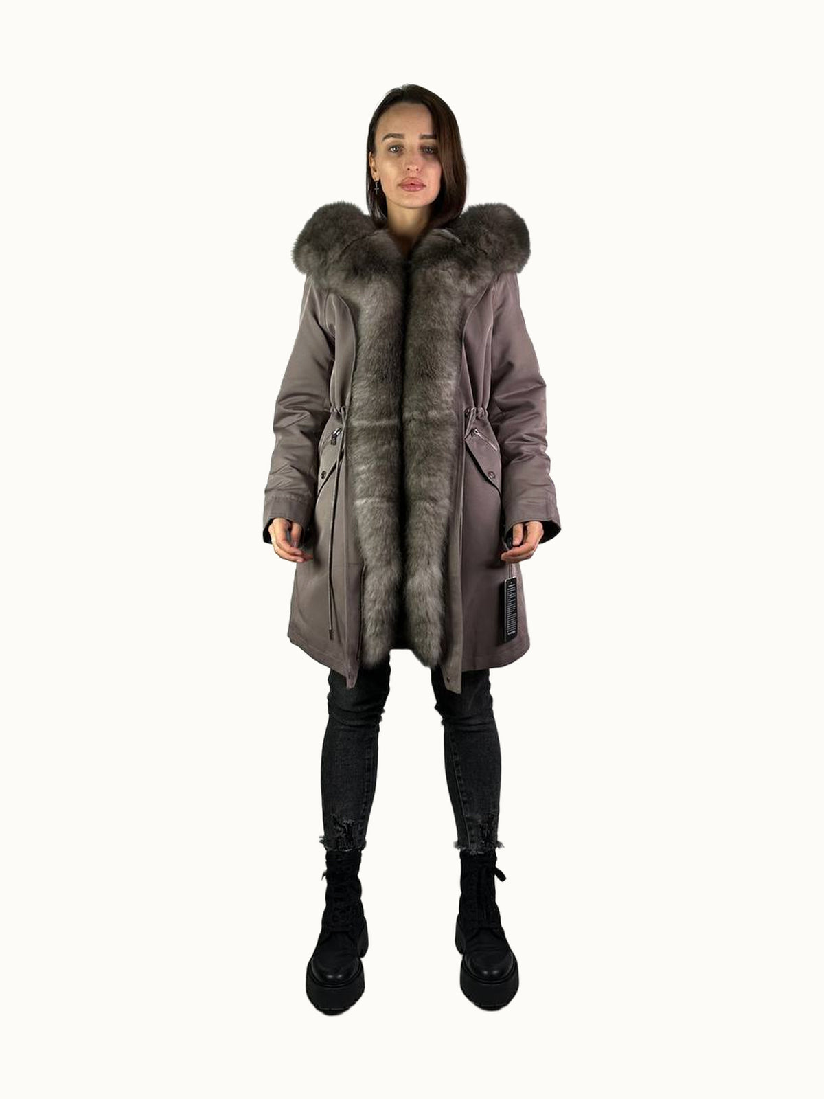 Parka Baltic XM w kolorze cappuccino z szarym futrem, 90 cm
