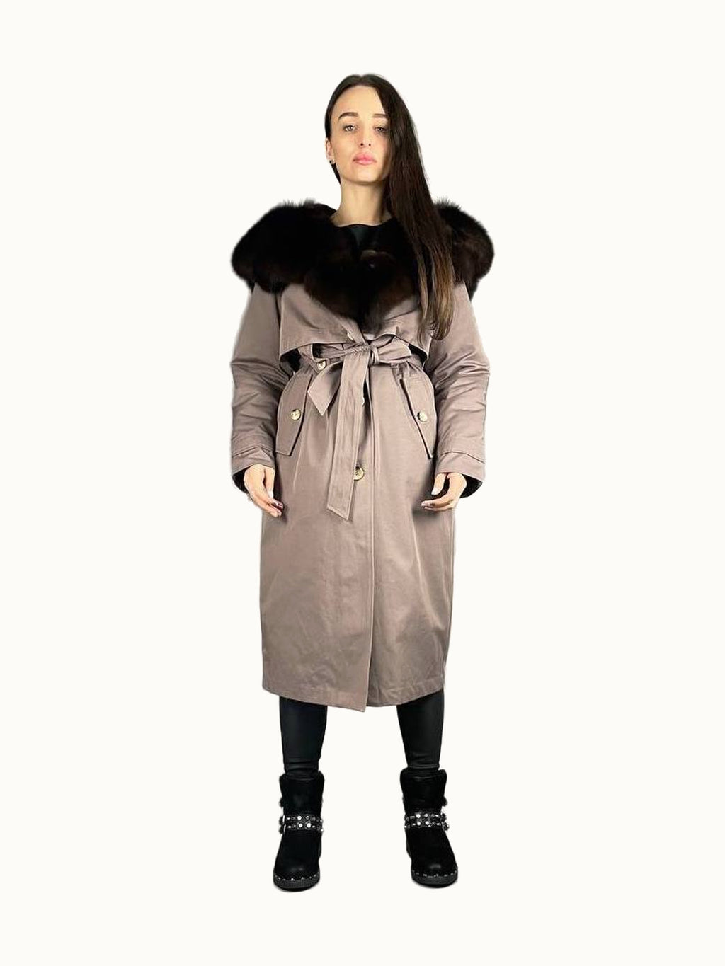 Parka-gabardina Baltic capuchino con piel marrón, 110 cm