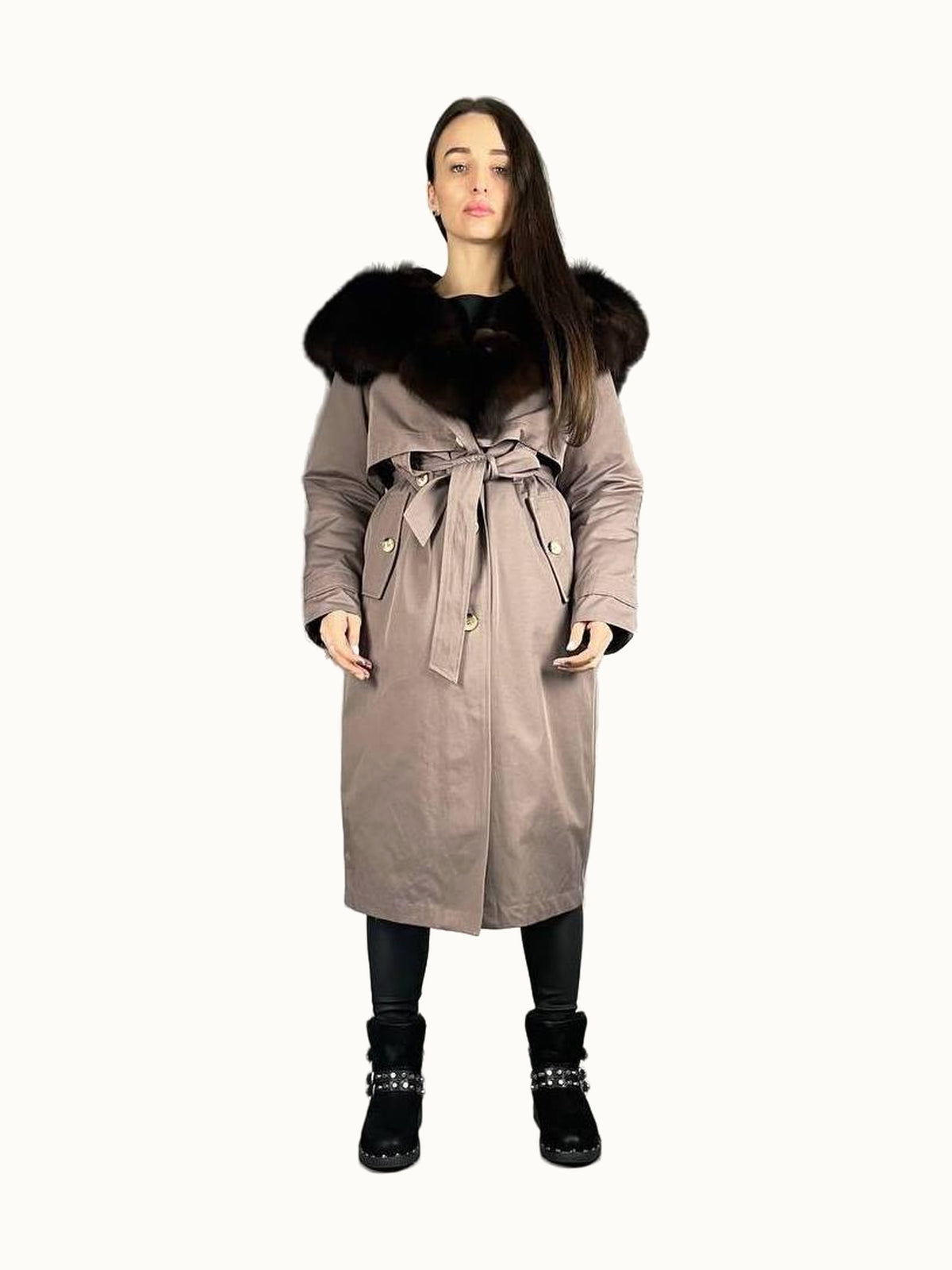 Parka-Trenchcoat Baltic in Cappuccino mit braunem Fell, 110 cm