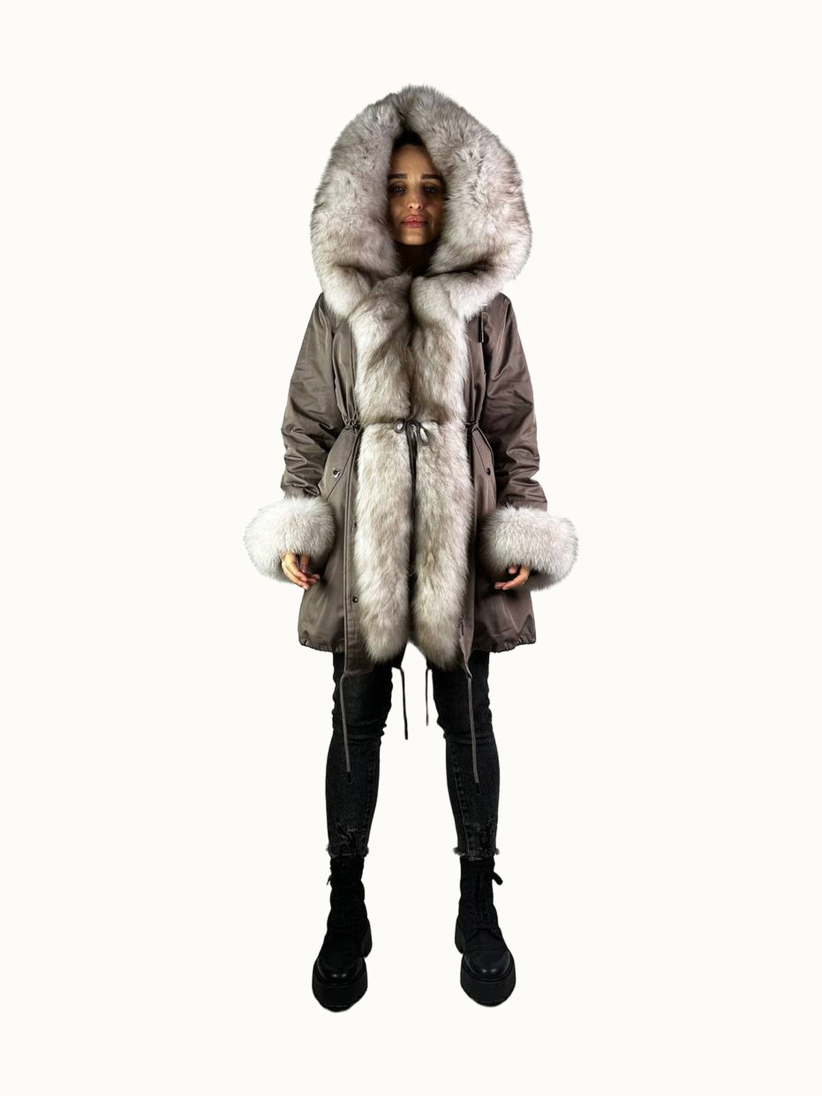 Parka Baltic Classic cappuccino à fourrure beige, 95 cm
