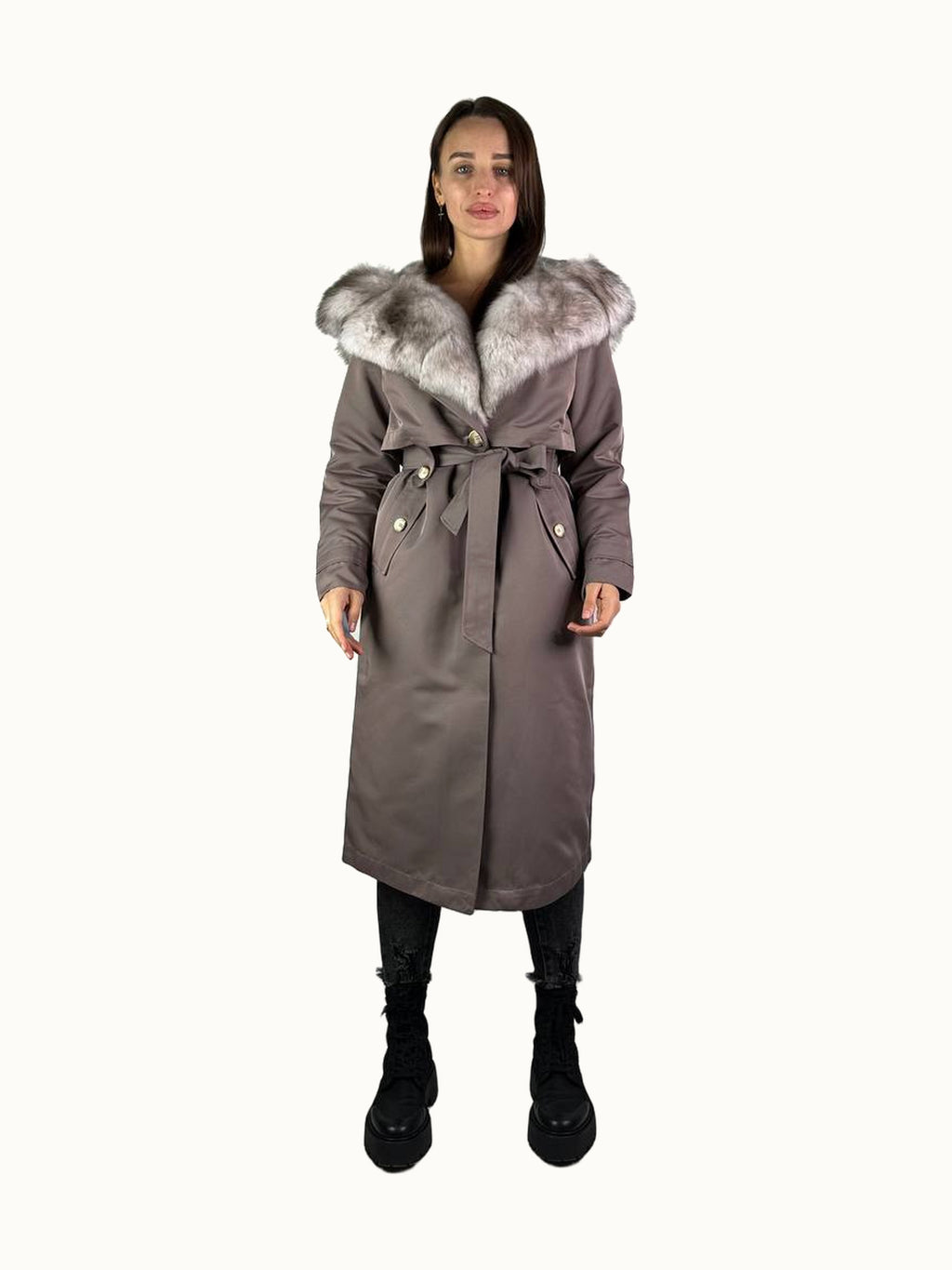 Parka-trench Baltic cappuccino con pelliccia beige, 110 cm