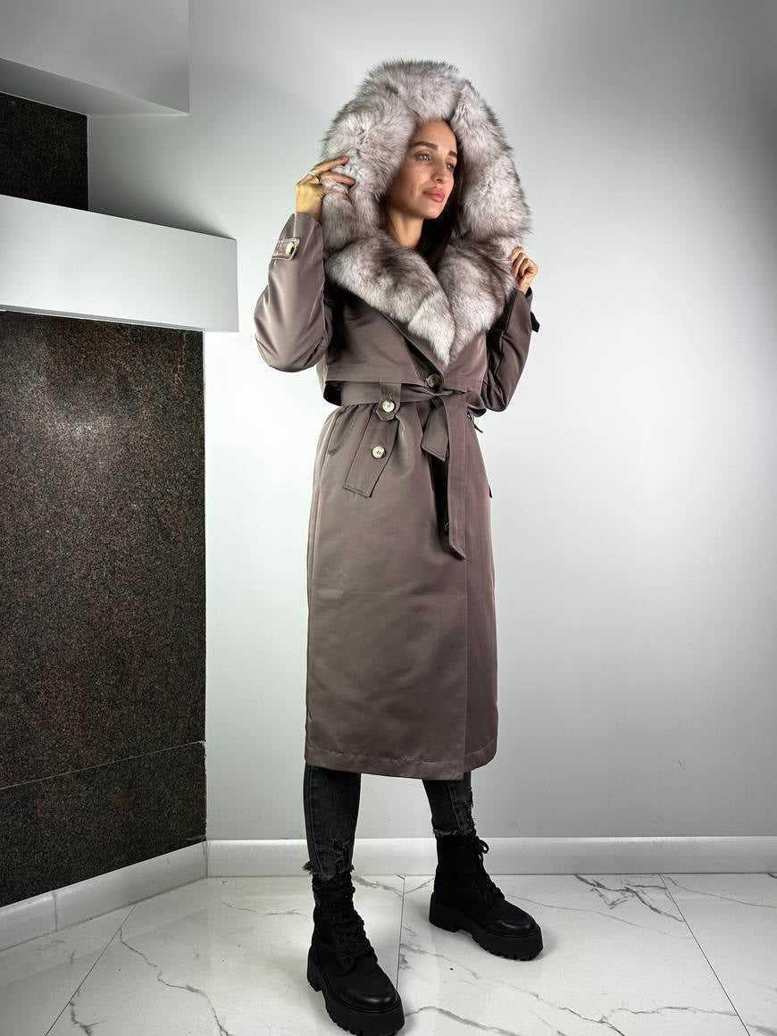Parka-gabardina Baltic cappuccino com pelo bege, 110 cm