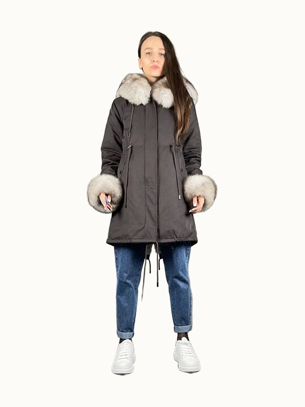 Parka Baltic Classic brązowa z beżowym futrem, 95 cm