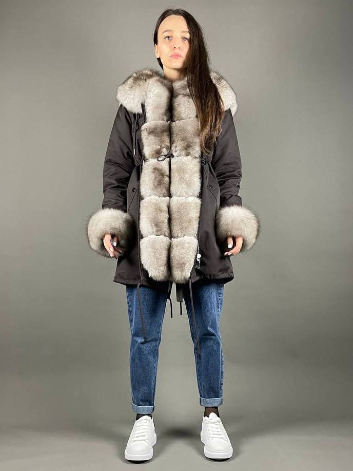 Parka Baltic Classic brązowa z beżowym futrem, 95 cm