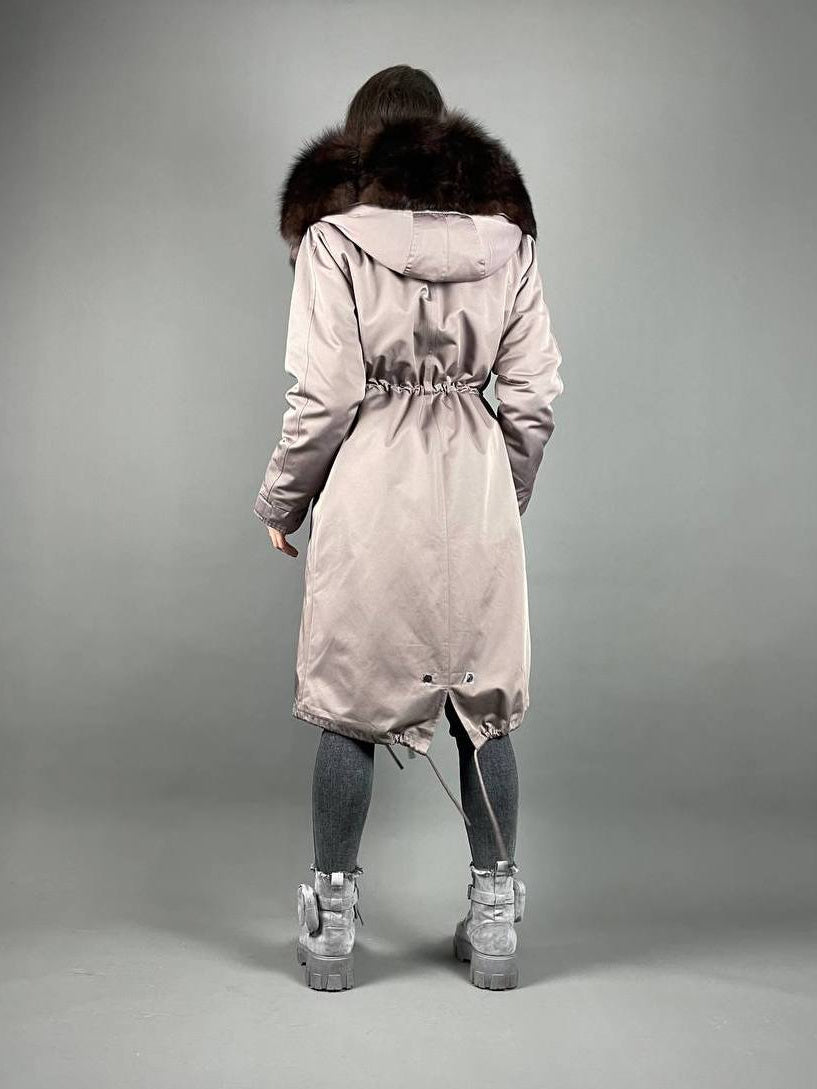 Parka Baltic Classic w kolorze cappuccino z brązowym futrem, 110 cm