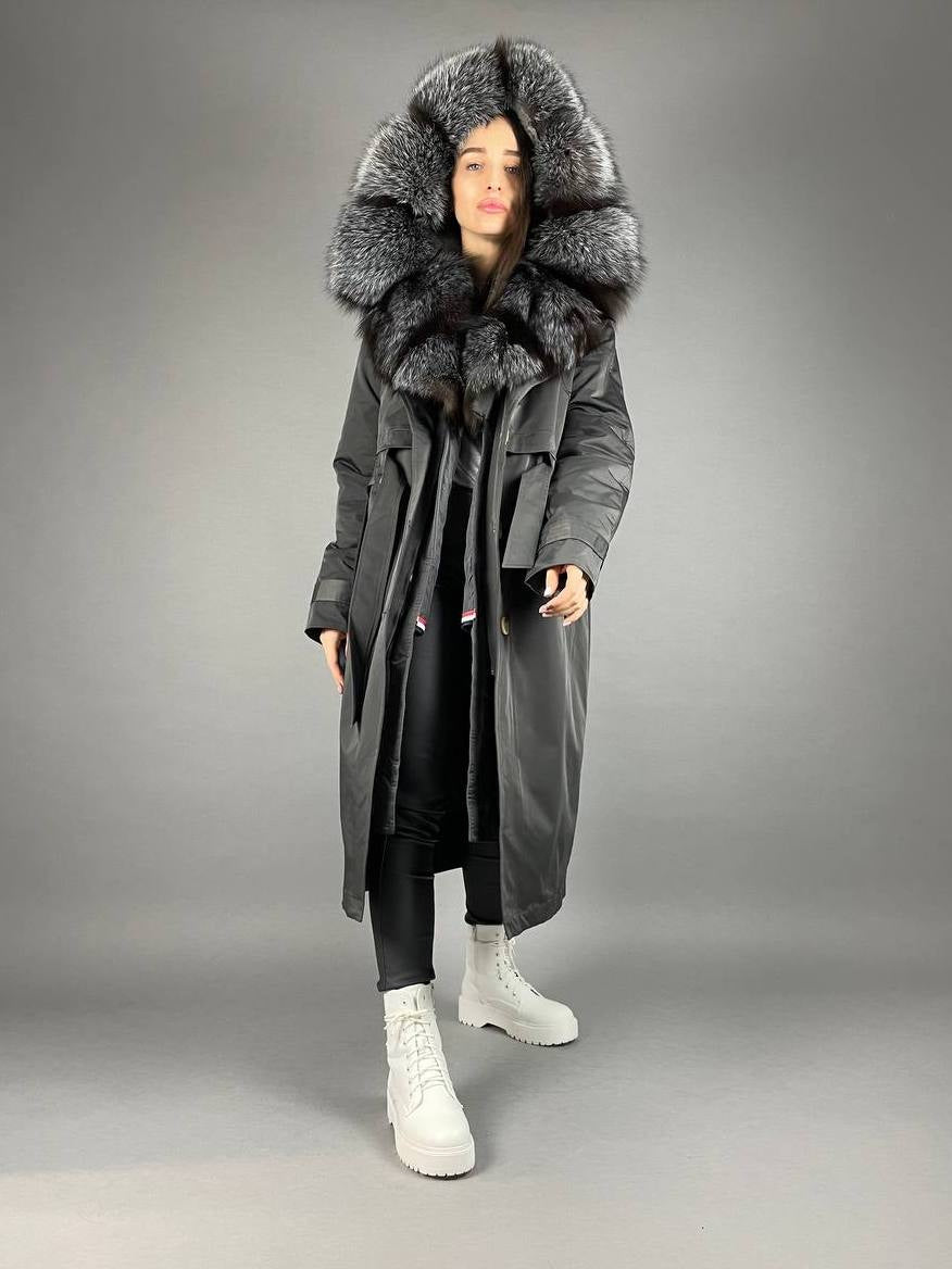 Parka-trench Baltic graphite à fourrure de renard argenté, 110 cm