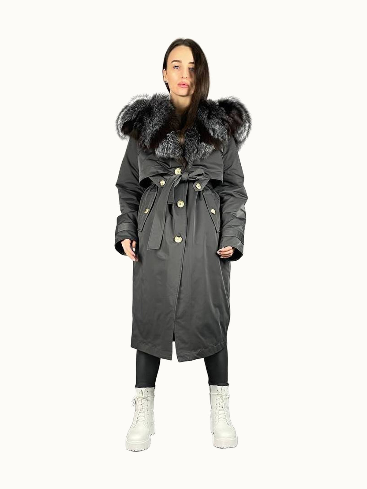 Parka-Trenchcoat Baltic in Graphit mit Silberfuchsfell, 110 cm