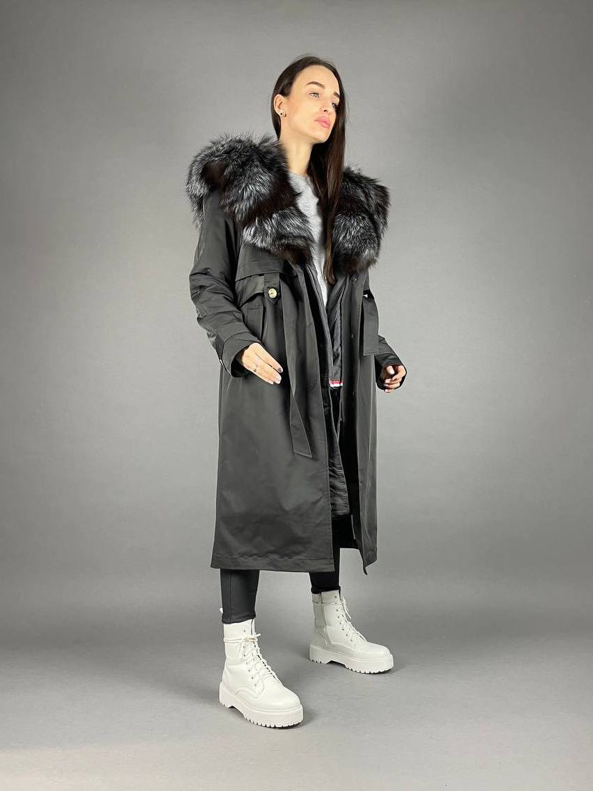 Parka-Trenchcoat Baltic in Graphit mit Silberfuchsfell, 110 cm
