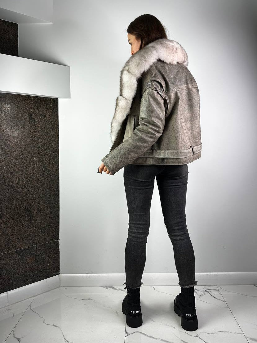 Vintage-Lederjacke Baltic in Grau mit beigem Fell