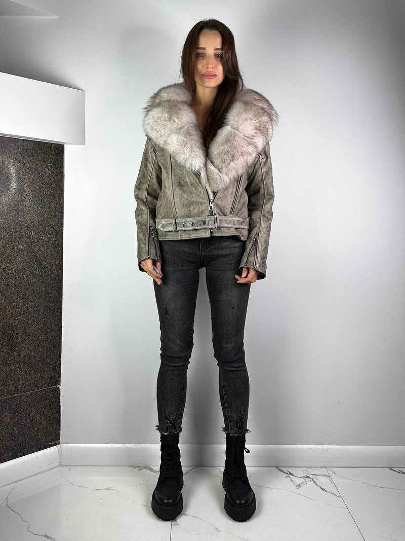 Vintage-Lederjacke Baltic in Grau mit beigem Fell