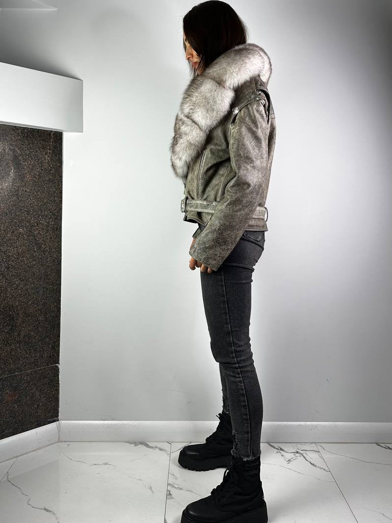 Vintage-Lederjacke Baltic in Grau mit beigem Fell