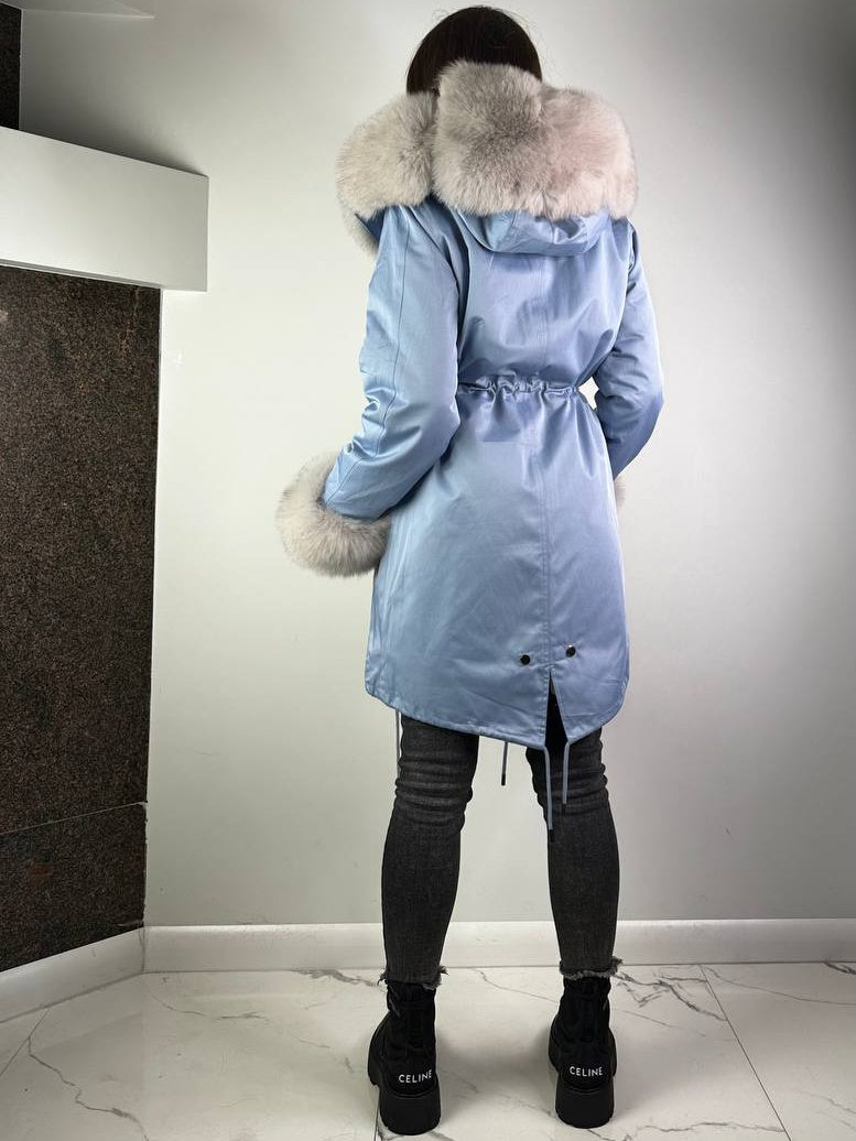 Parka Baltic Classic błękitna z szarym futrem, 95 cm