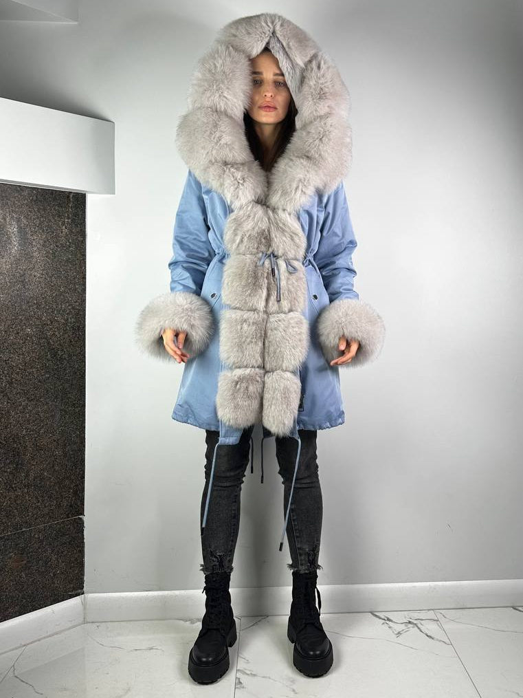 Parka Baltic Classic błękitna z szarym futrem, 95 cm