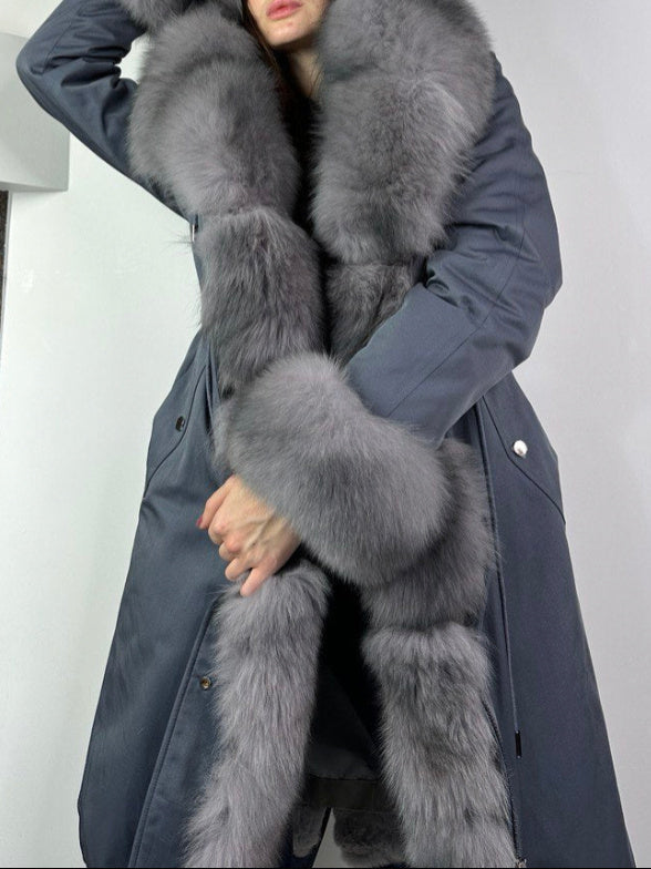 Parka Baltic Classic gaiši zila ar gaiši grafīta kažokādu, 105 cm