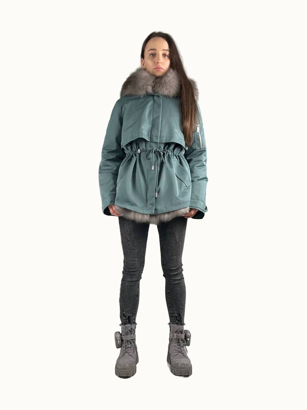 Parka Baltic XM blu oceano con pelliccia grigia, 70 cm