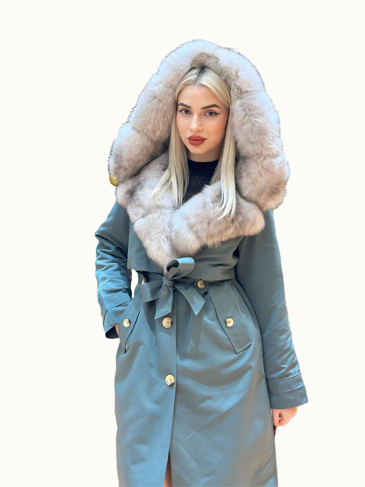 Parka-gabardina Baltic azul océano con piel beige, 110 cm