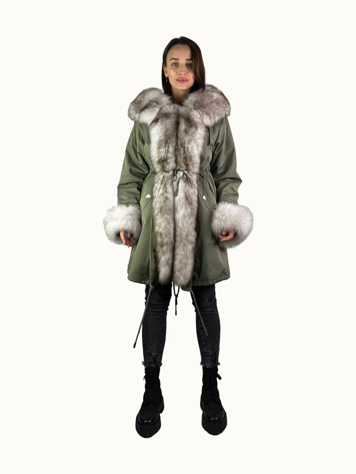 Parka Baltic Classic olive à fourrure noir et blanc, 95 cm