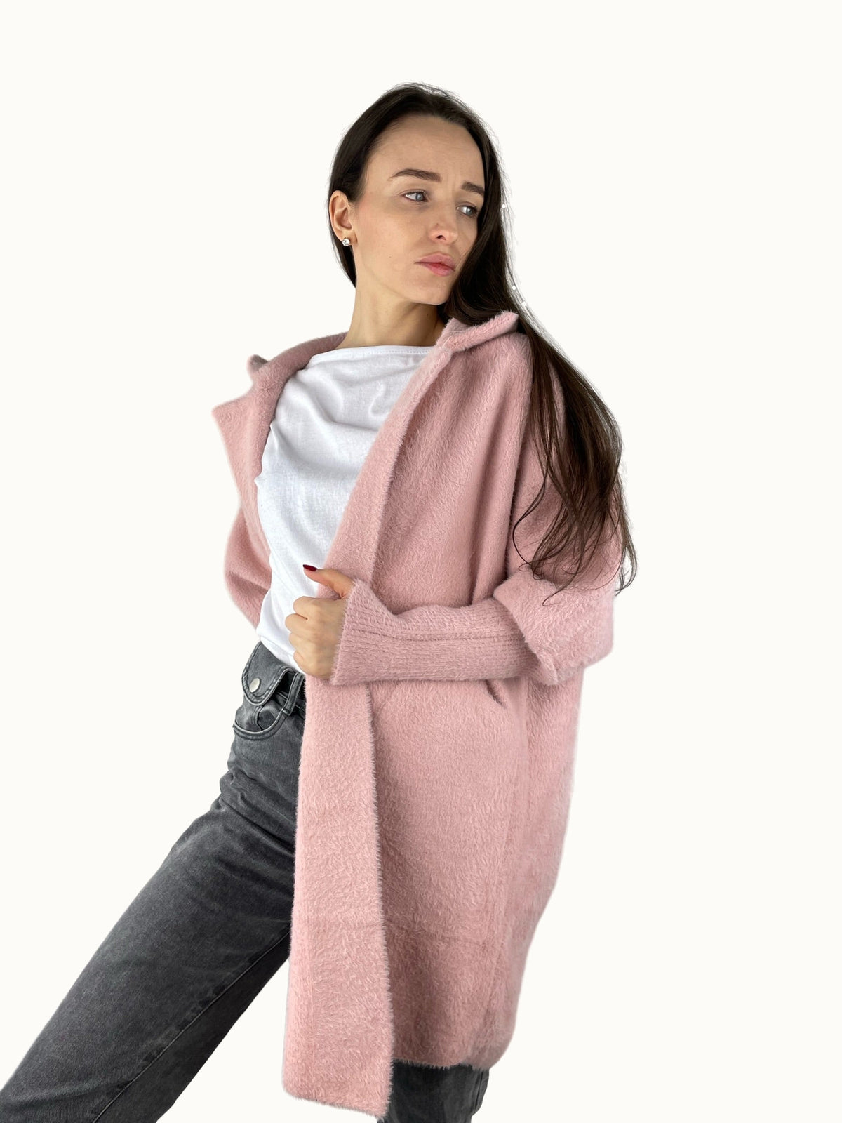 Abrigo largo de alpaca rosa claro