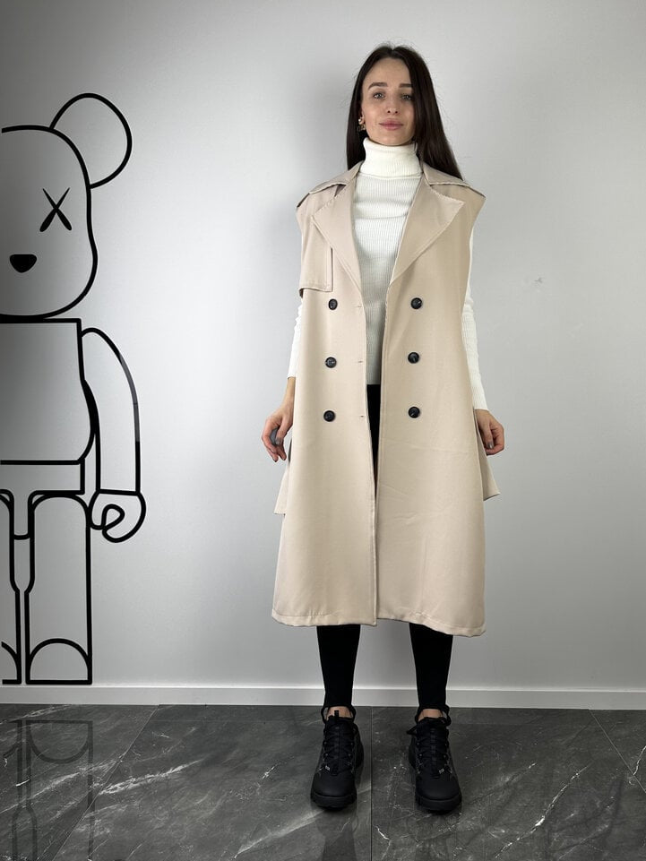 Gabardina sem mangas bege com cinto