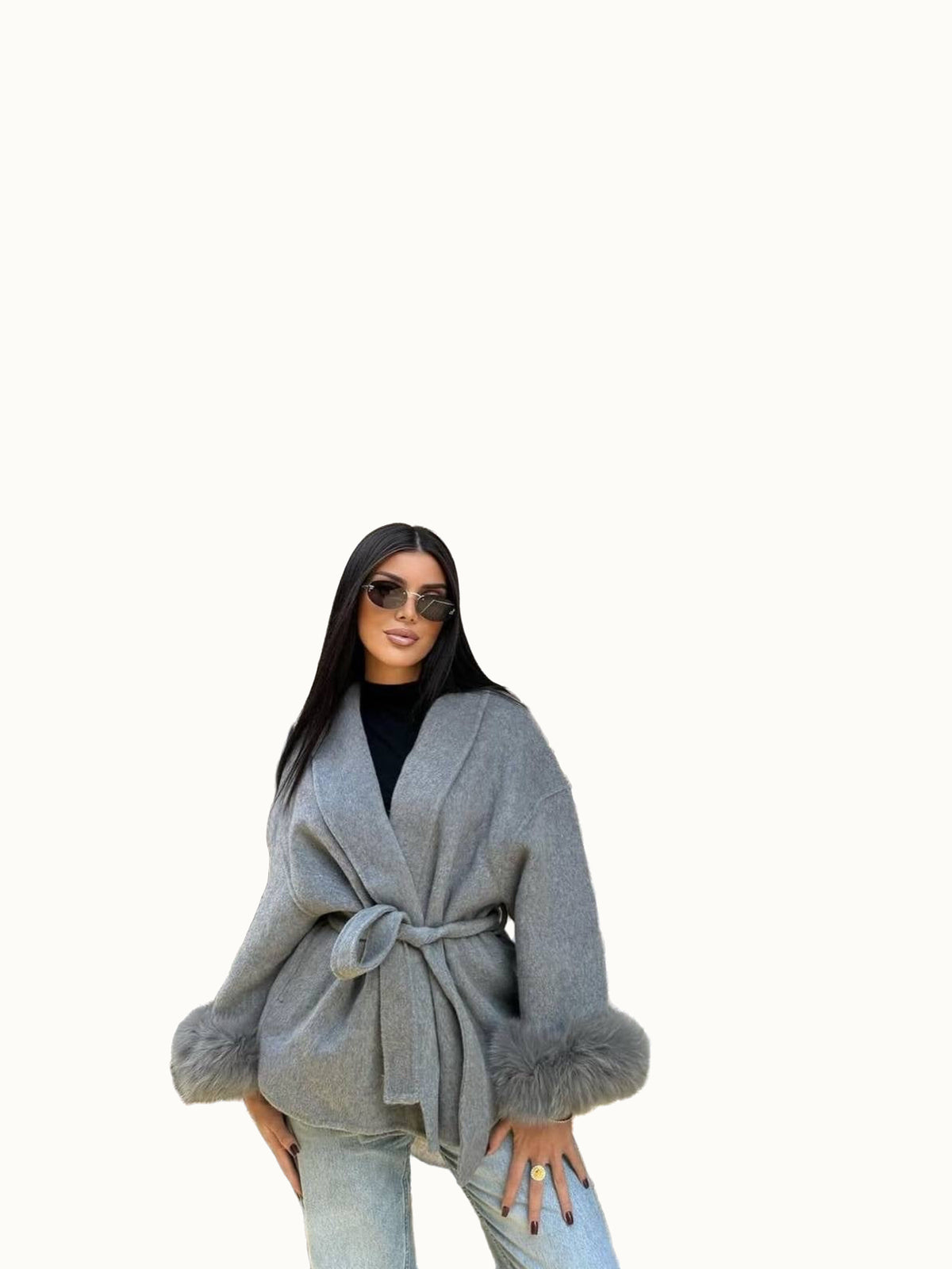 Oversized Wool Blend Coat with Faux Fur Cuffs