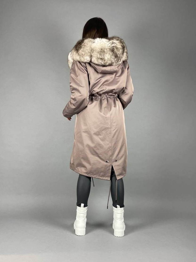 Parka Baltic Classic w kolorze cappuccino z beżowym futrem, 110 cm