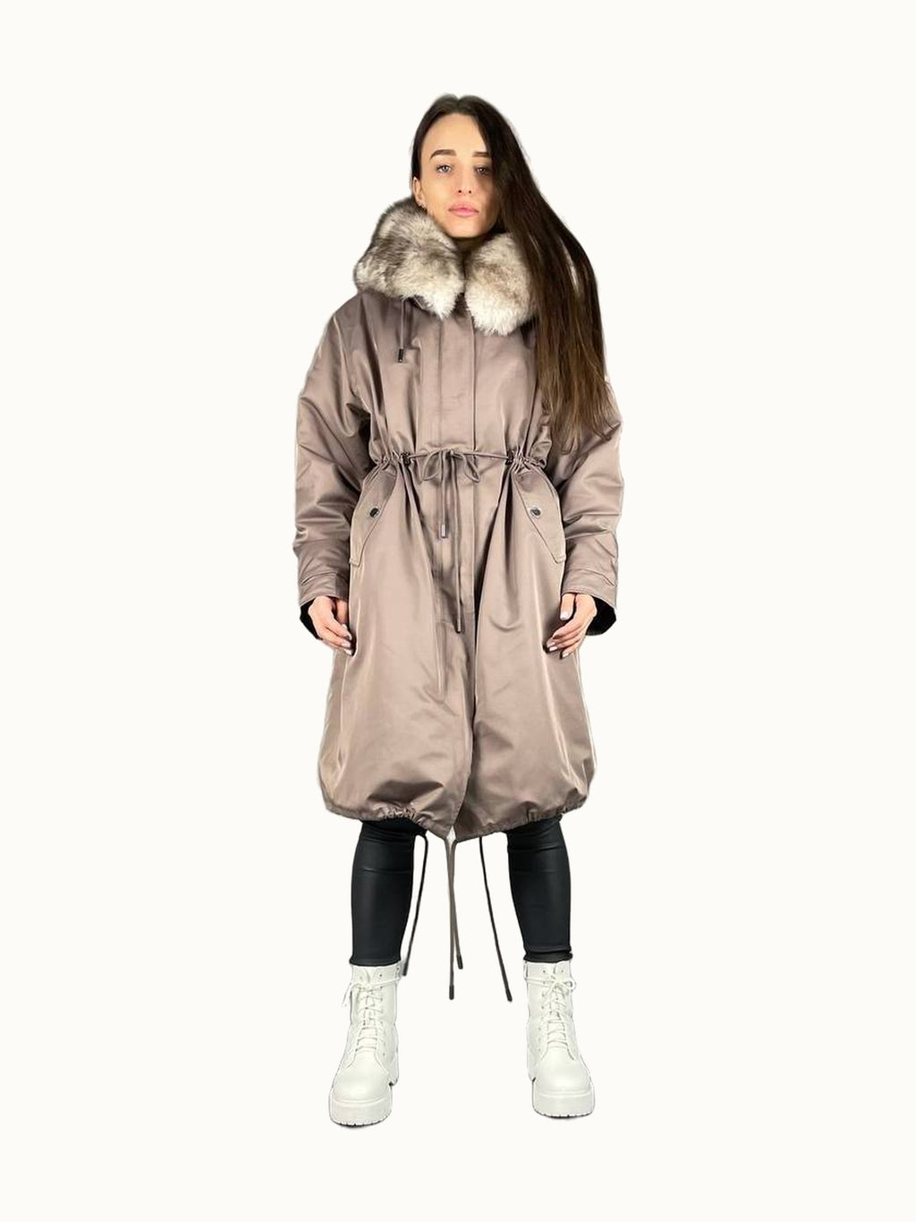 Parka Baltic Classic in Cappuccino mit beigem Fell, 110 cm