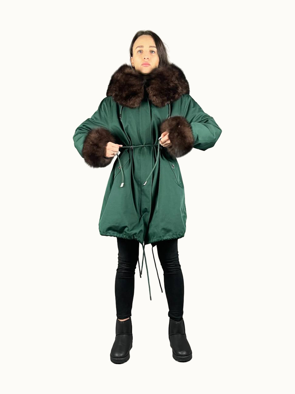 Parka Baltic Classic zielona z brązowym futrem, 95 cm