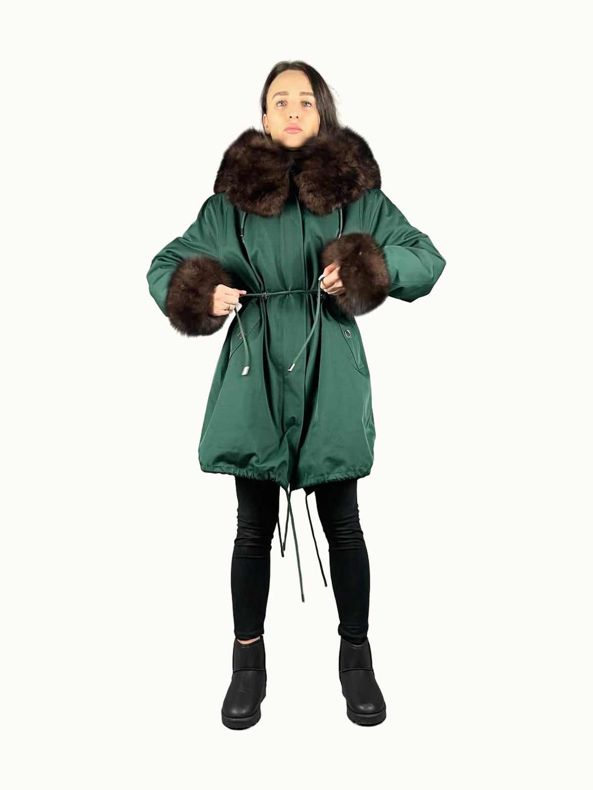 Parka Baltic Classic zielona z brązowym futrem, 95 cm