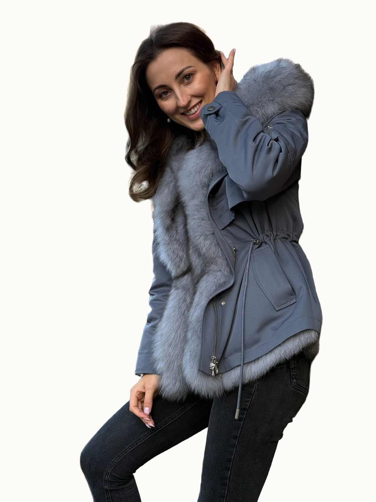 Parka Baltic XM grigio-azzurro con pelliccia grigia, 70 cm