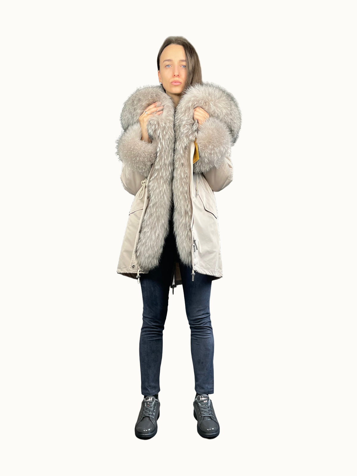 Parka LUX beige à fourrure de raton laveur, 95 cm