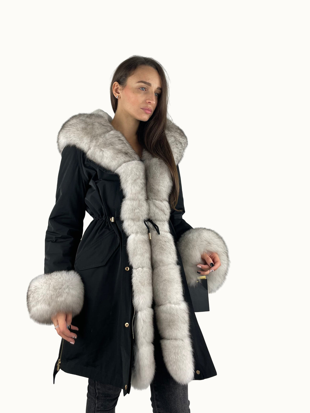 Parka LUX noire à fourrure blanche, 95 cm