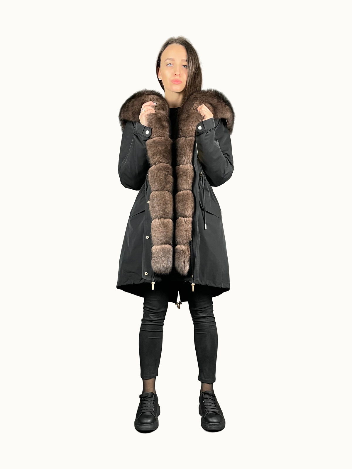 Parka LUX noire à fourrure marron, 95 cm, 4 poches