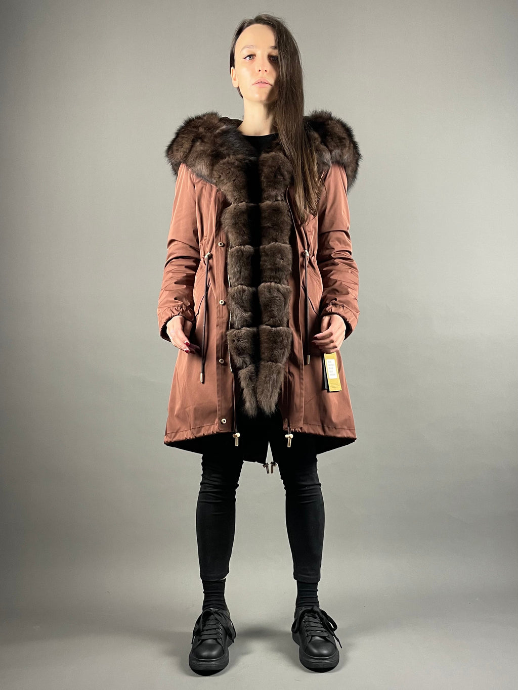 Parka LUX bronze com pelo castanho, 95 cm