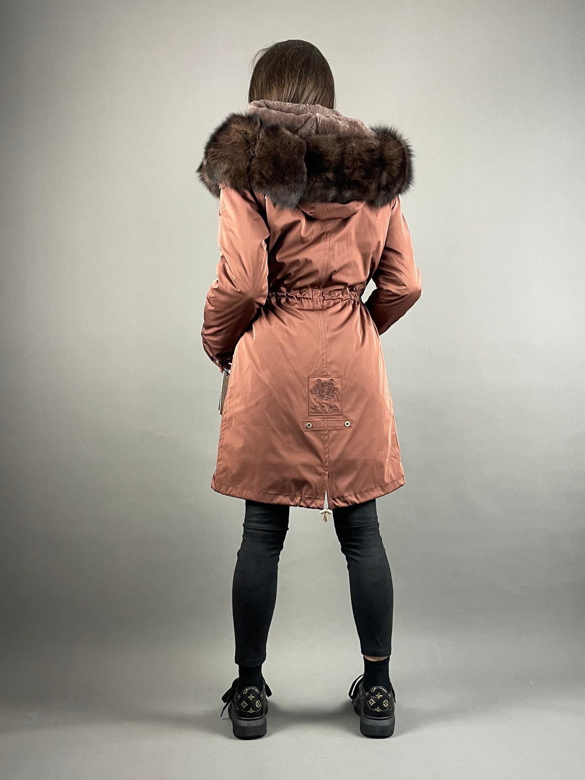 Parka LUX bronze com pelo castanho, 95 cm