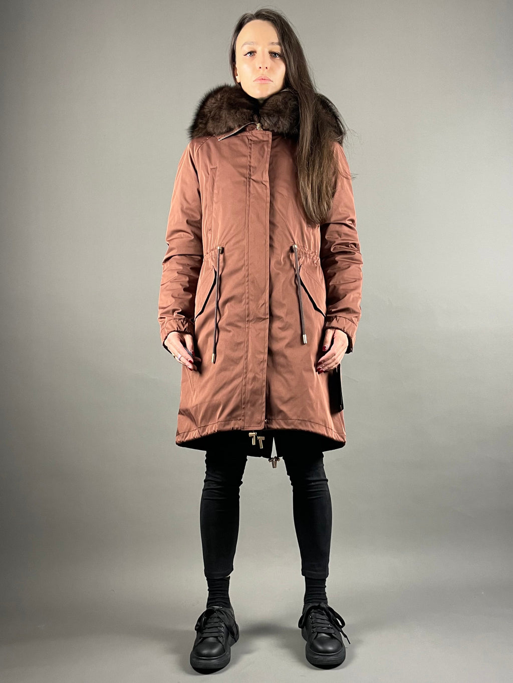 Parka LUX bronze com pelo castanho, 95 cm