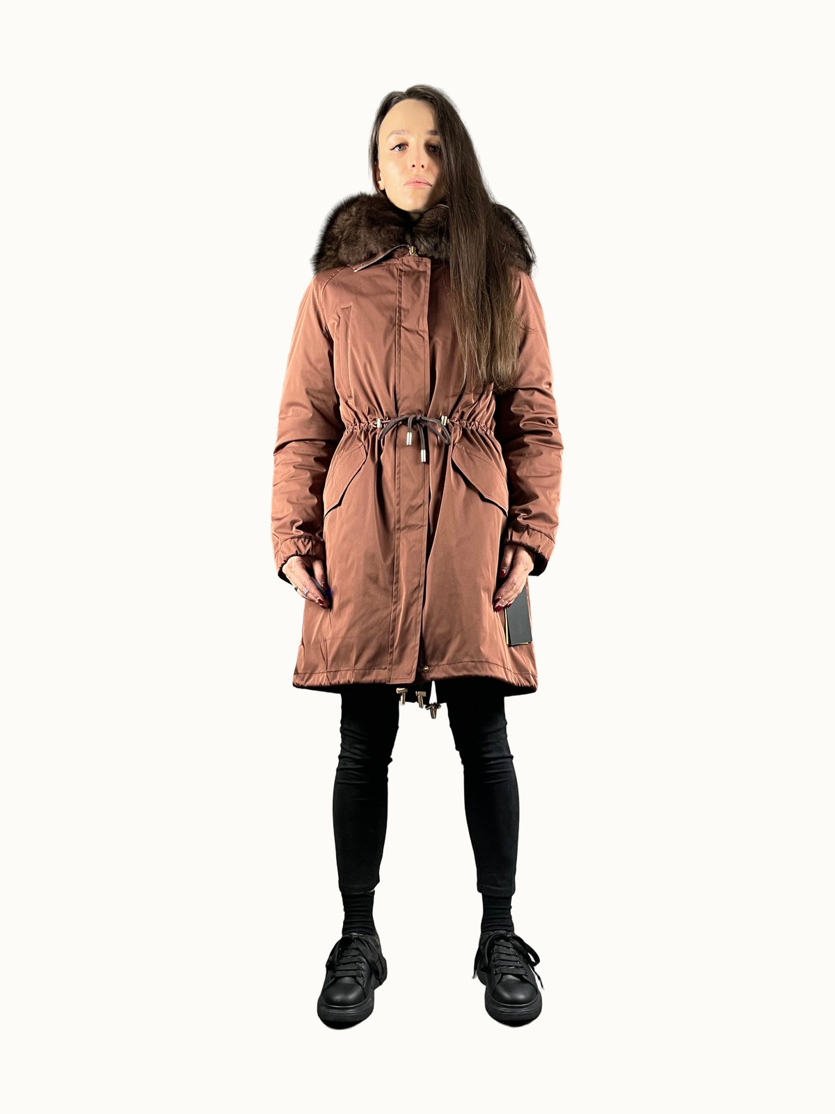 Parka LUX bronce con piel marrón, 95 cm