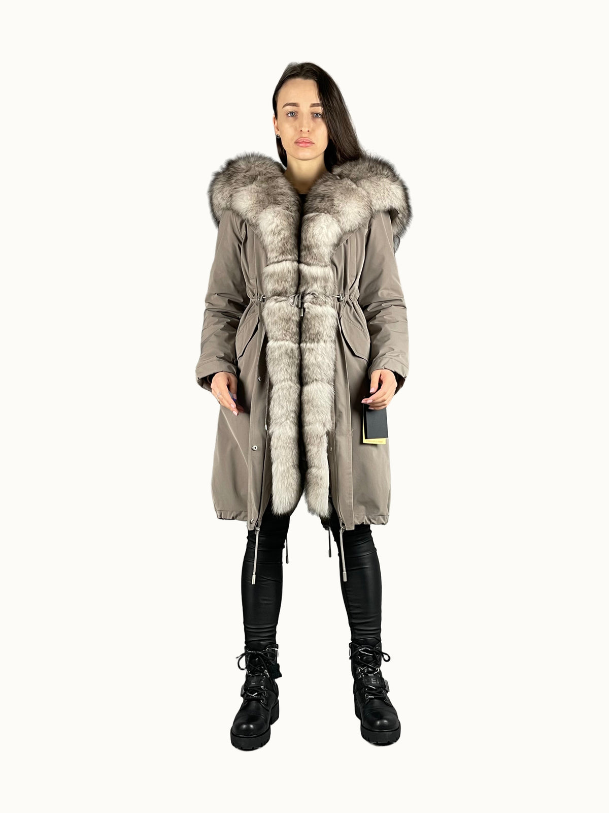 Parka LUX cappuccino com pelo preto e branco, 95 cm