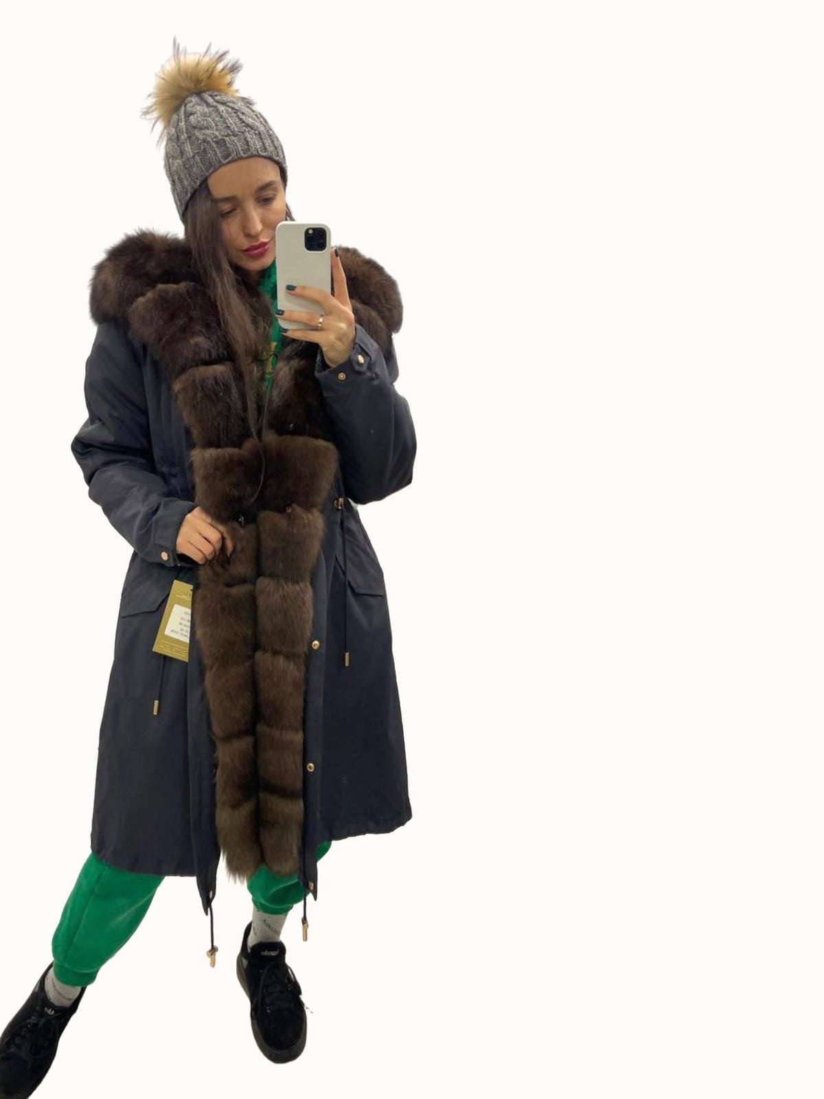 Parka LUX azul-escura com pelo castanho, 103 cm