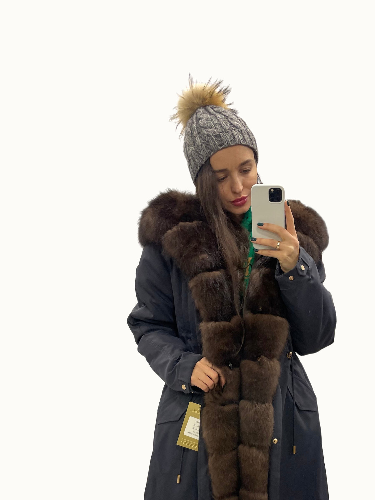Parka LUX azul-escura com pelo castanho, 95 cm