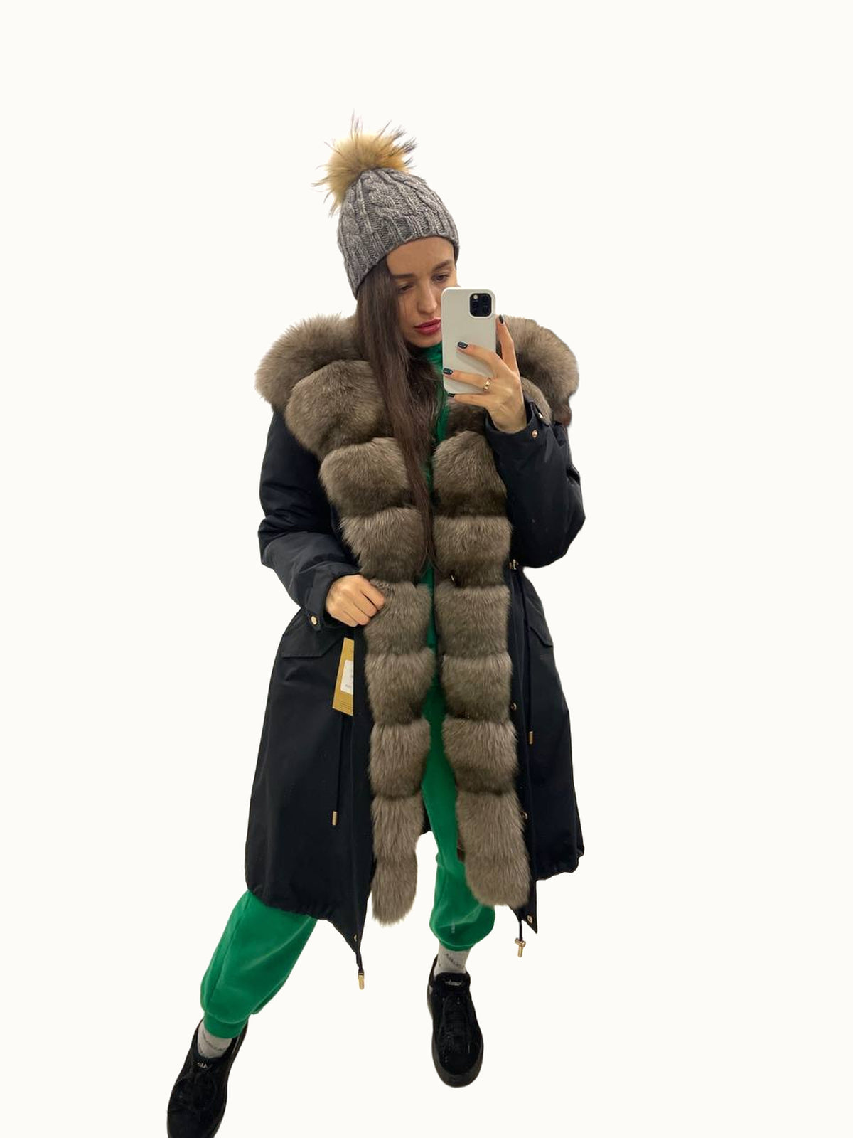 Parka LUX blu scuro con pelliccia marrone chiaro, 103 cm